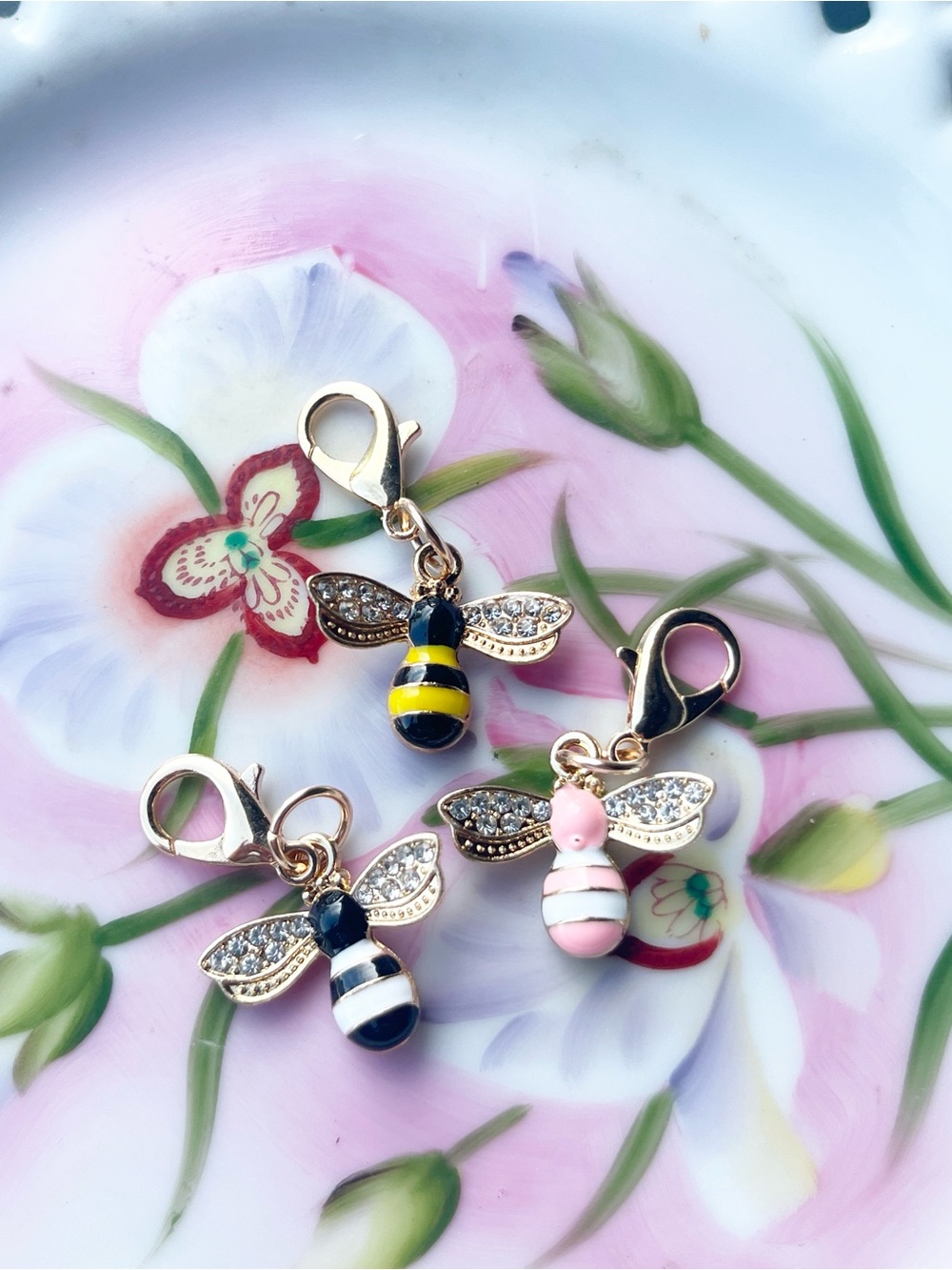 Bee Rhinestone Zipper Pull Set -Pink, Black & Yellow set of (3)